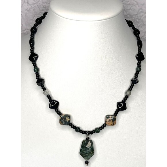 18" Necklace Natural Stone Beads Pendant Silver Clasp Onyx Moss Agate Ocean Jasp - Picture 1 of 8